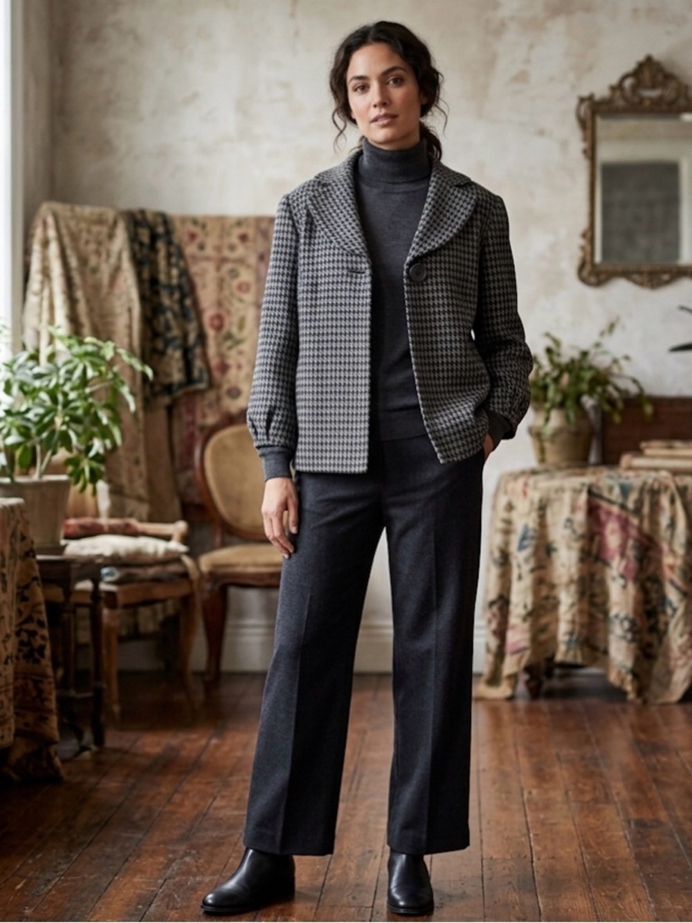East 5th Black and Gray Houndstooth Cropped Blazer with One Button Closure